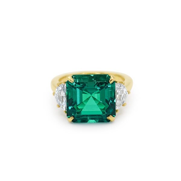 Asscher Cut Lab Emerald Ring with Epaulette side stones