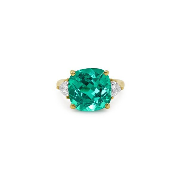 Cushion Emerald Ring with Diamond Trillions